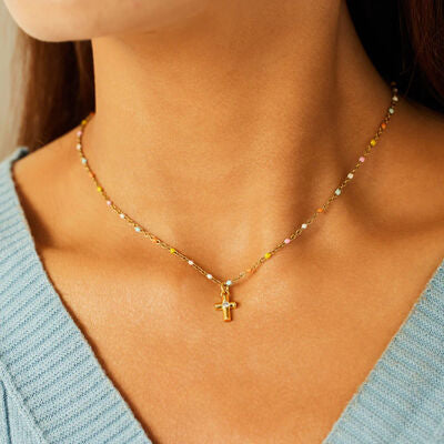 Inlaid Zircon 18K Gold-Plated Cross Bead Necklace