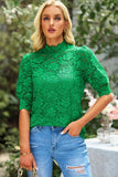 Lace Scalloped Short Puff Sleeve Top