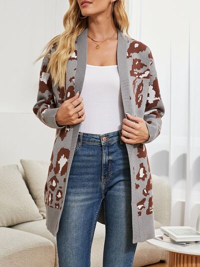 Leopard Open Front Dropped Shoulder Cardigan