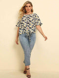 Plus Size Floral Round Neck Tie Hem Blouse