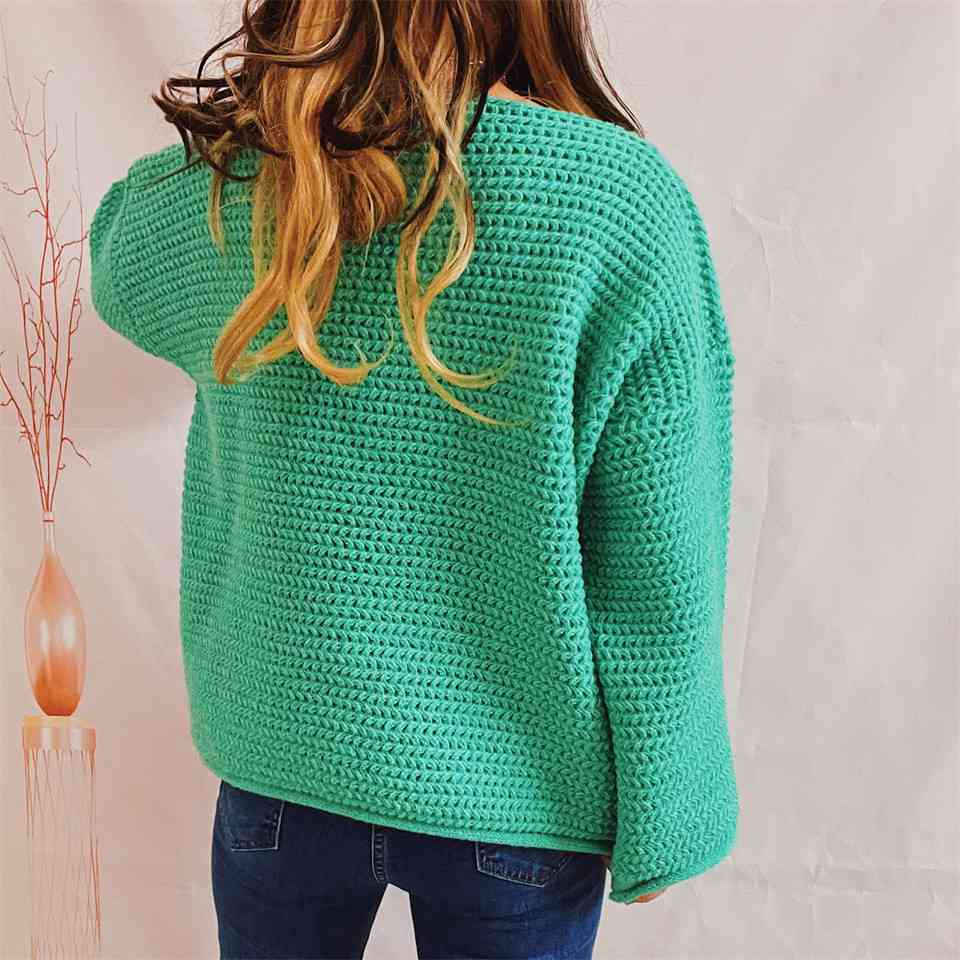 Openwork Boat Neck Long Sleeve Sweater