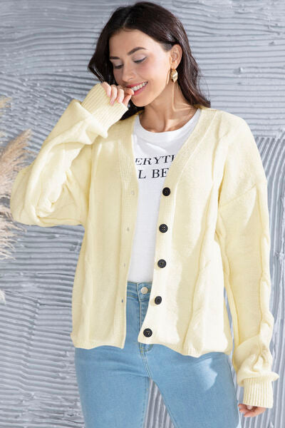 Button Up V-Neck Drop Shoulder Long Sleeve Cardigan