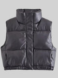 PU Leather Cropped Zip Up Drawstring Vest