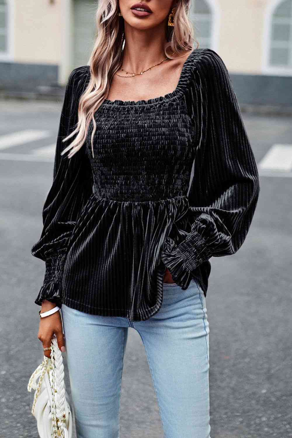 Smocked Square Neck Long Sleeve Blouse