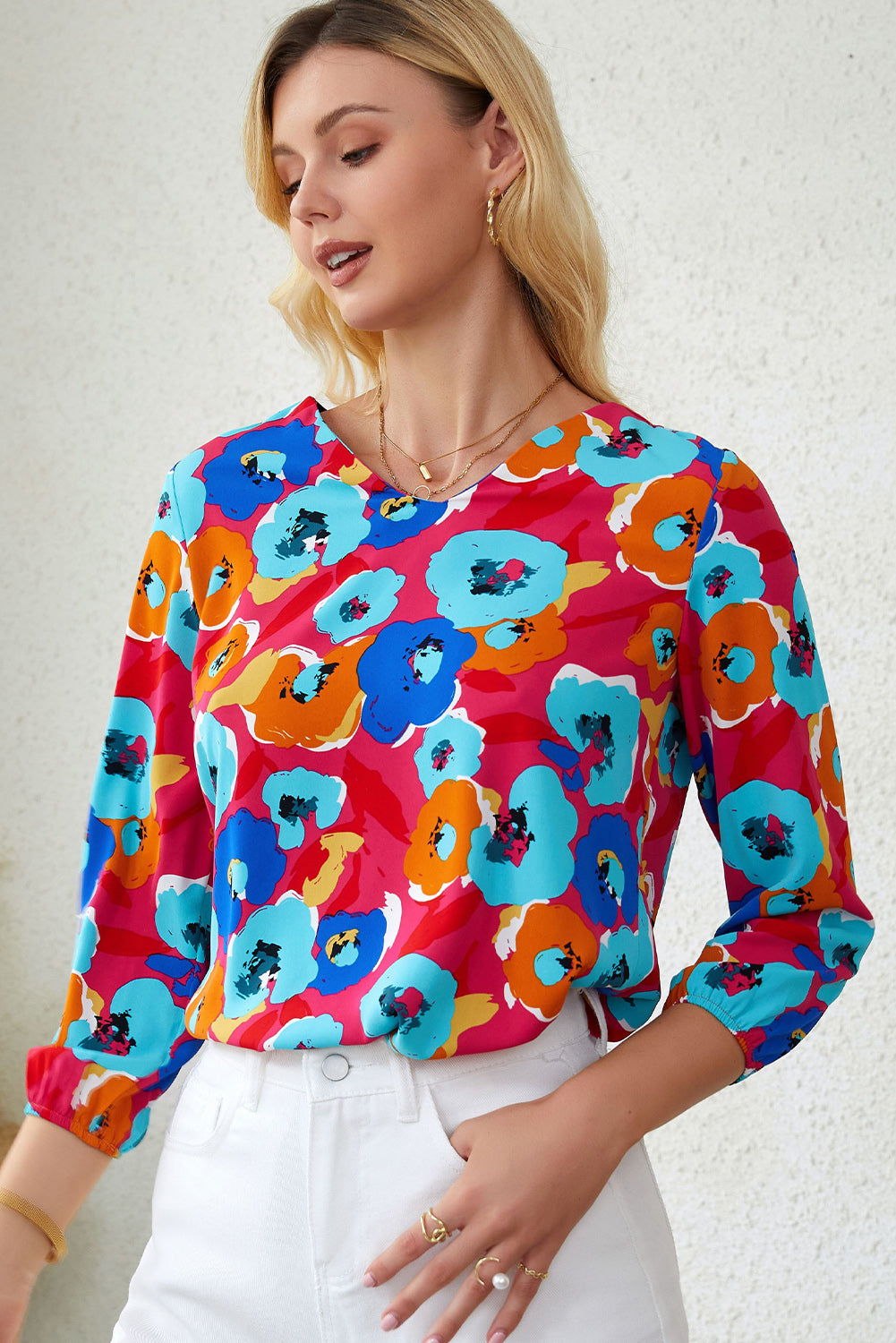 Floral V-Neck Three-Quarter Sleeve Top