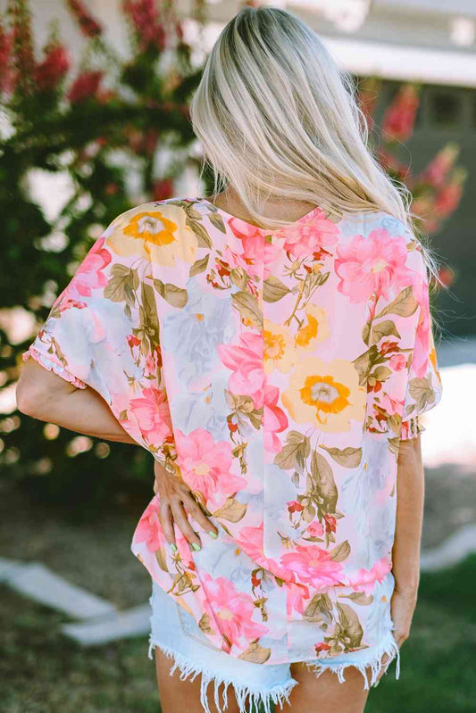 Floral Round Neck Three-Quarter Sleeve Top