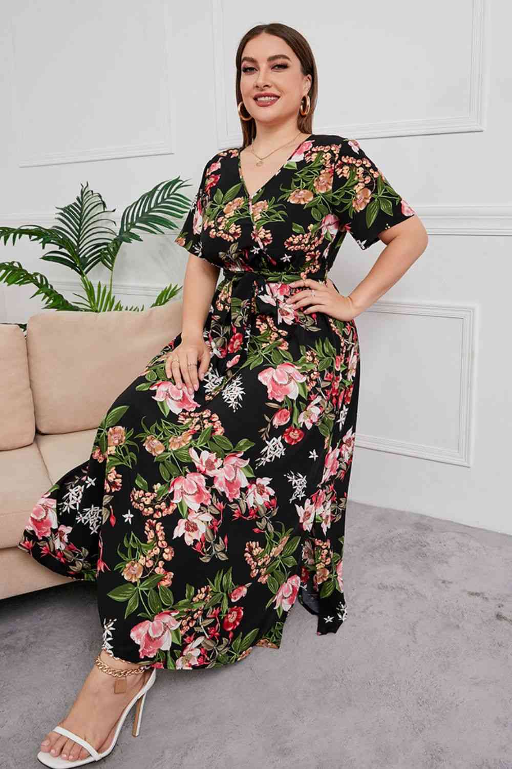 Plus Size Printed Surplice Short Sleeve Maxi Dress