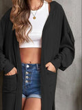 Pocketed Slit Open Front Hooded Cardigan