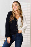 Woven Right Contrast Button-Front V-Neck Cardigan