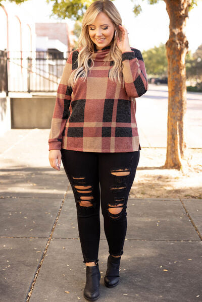 Plus Size Plaid Cowl Neck Long Sleeve Sweatshirt