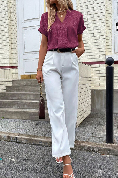 Notched Short Sleeve Blouse