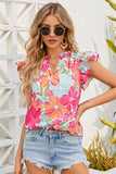 Floral Ruffled Notched Cap Sleeve Blouse