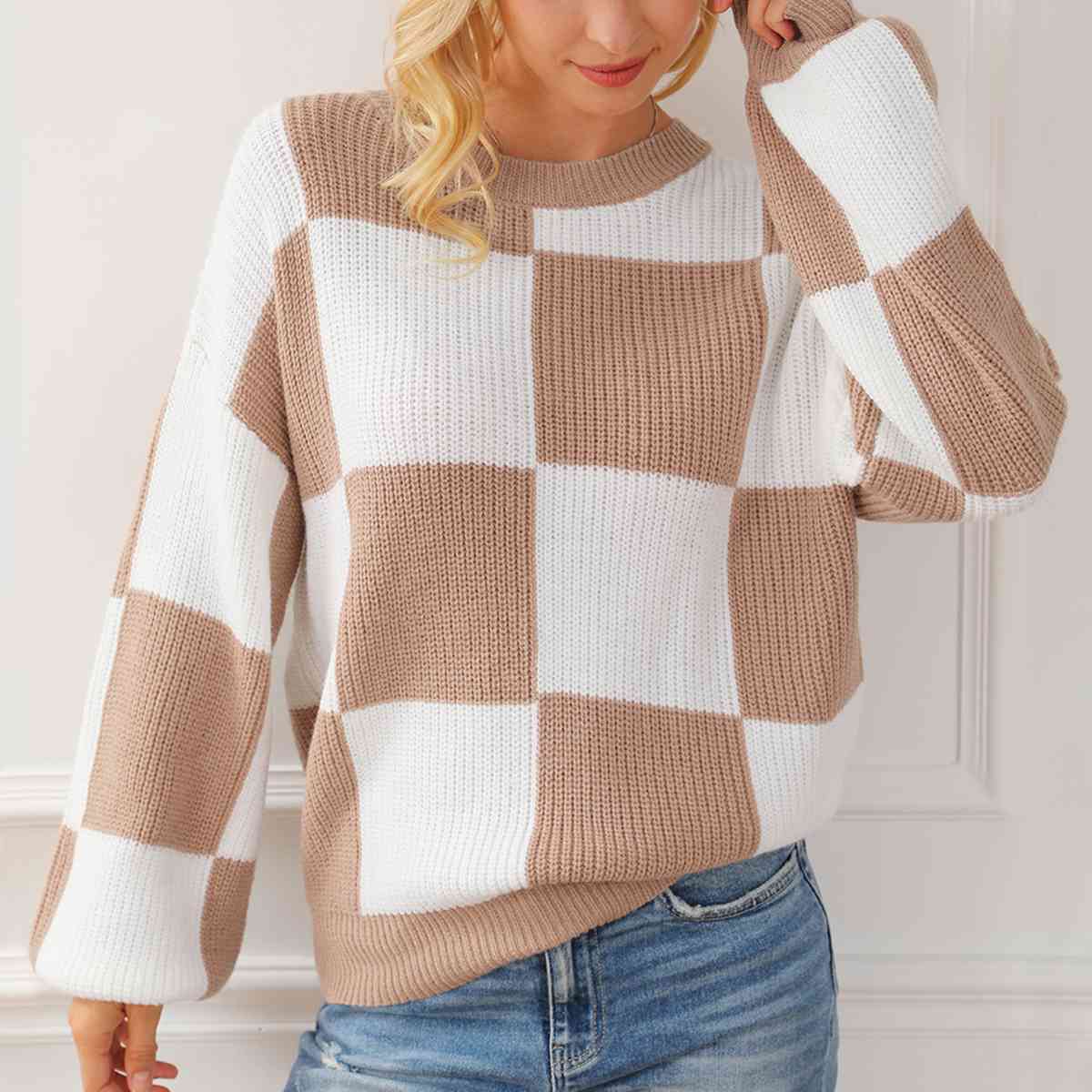 Checkered Round Neck Drop Shoulder Long Sleeve Sweater