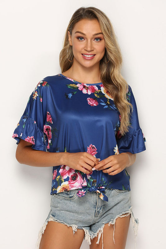 Floral Tie Hem Flounce Sleeve Top