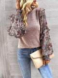 Round Neck Contrasting Color Printed Lantern Sleeve Top