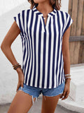 Striped Notched Neck Cap Sleeve Blouse