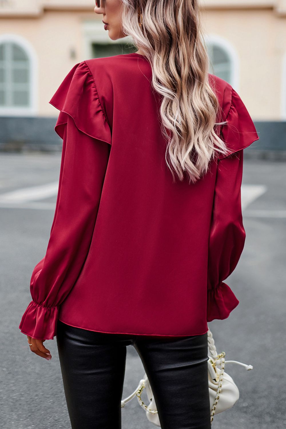 V-Neck Flounce Sleeve Ruffle Trim Blouse