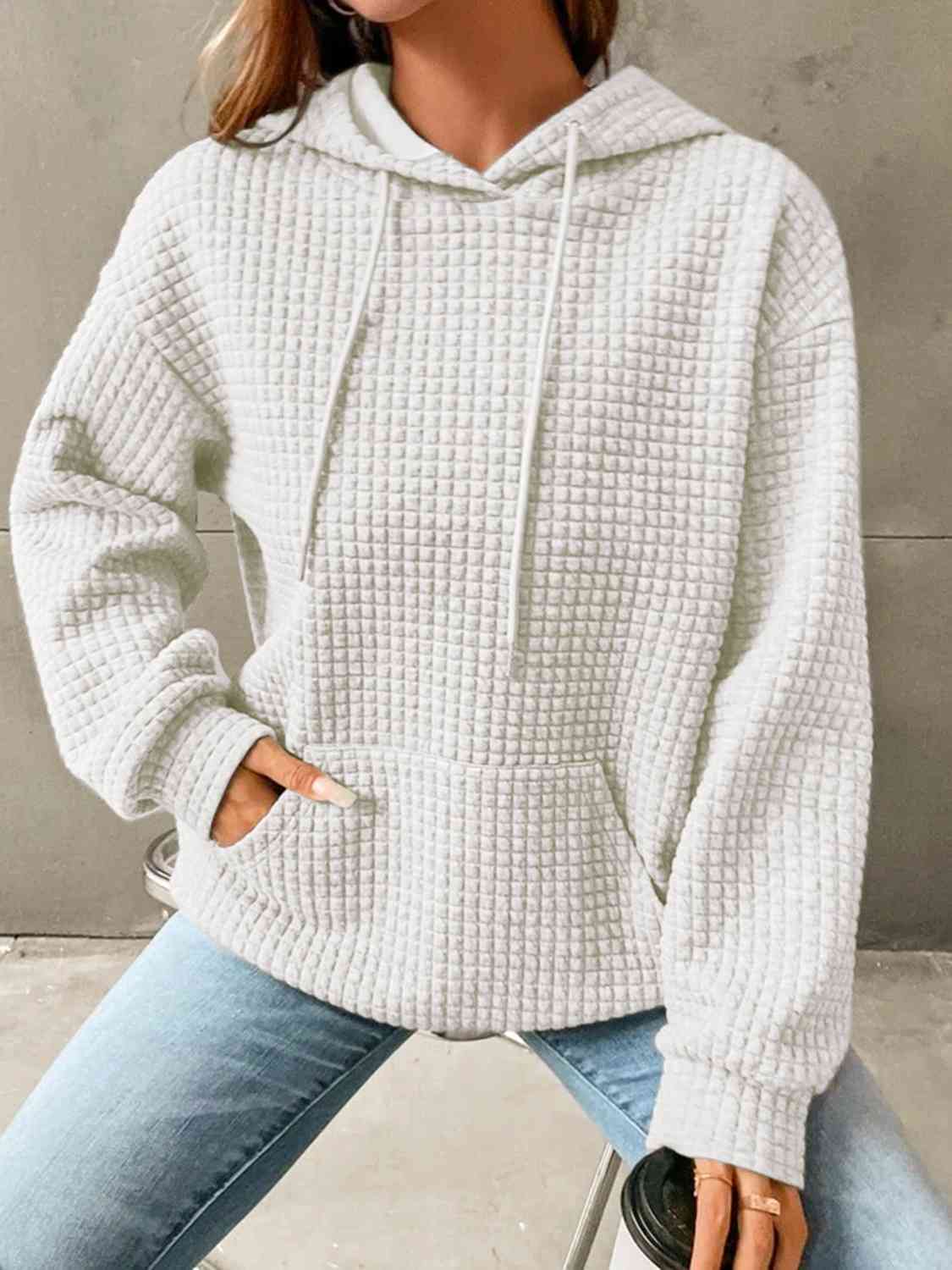 Textured Drawstring Drop Shoulder Hoodie