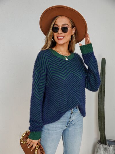 Striped Round Neck Dropped Shoulder Sweater