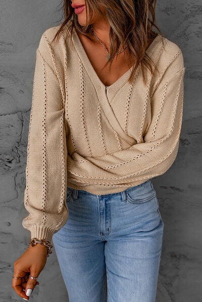 Openwork Surplice Dropped Shoulder Sweater