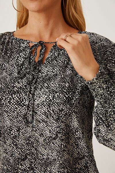 Printed Tie Neck Lantern Sleeve Blouse