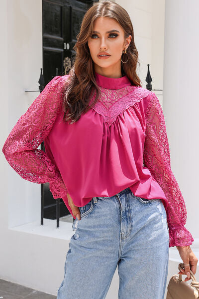 Lace Detail Mock Neck Flounce Sleeve Blouse