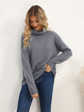 Slit Turtleneck Dropped Shoulder Sweater