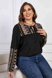 Melo Apparel Plus Size Printed Round Neck Tie Front Blouse