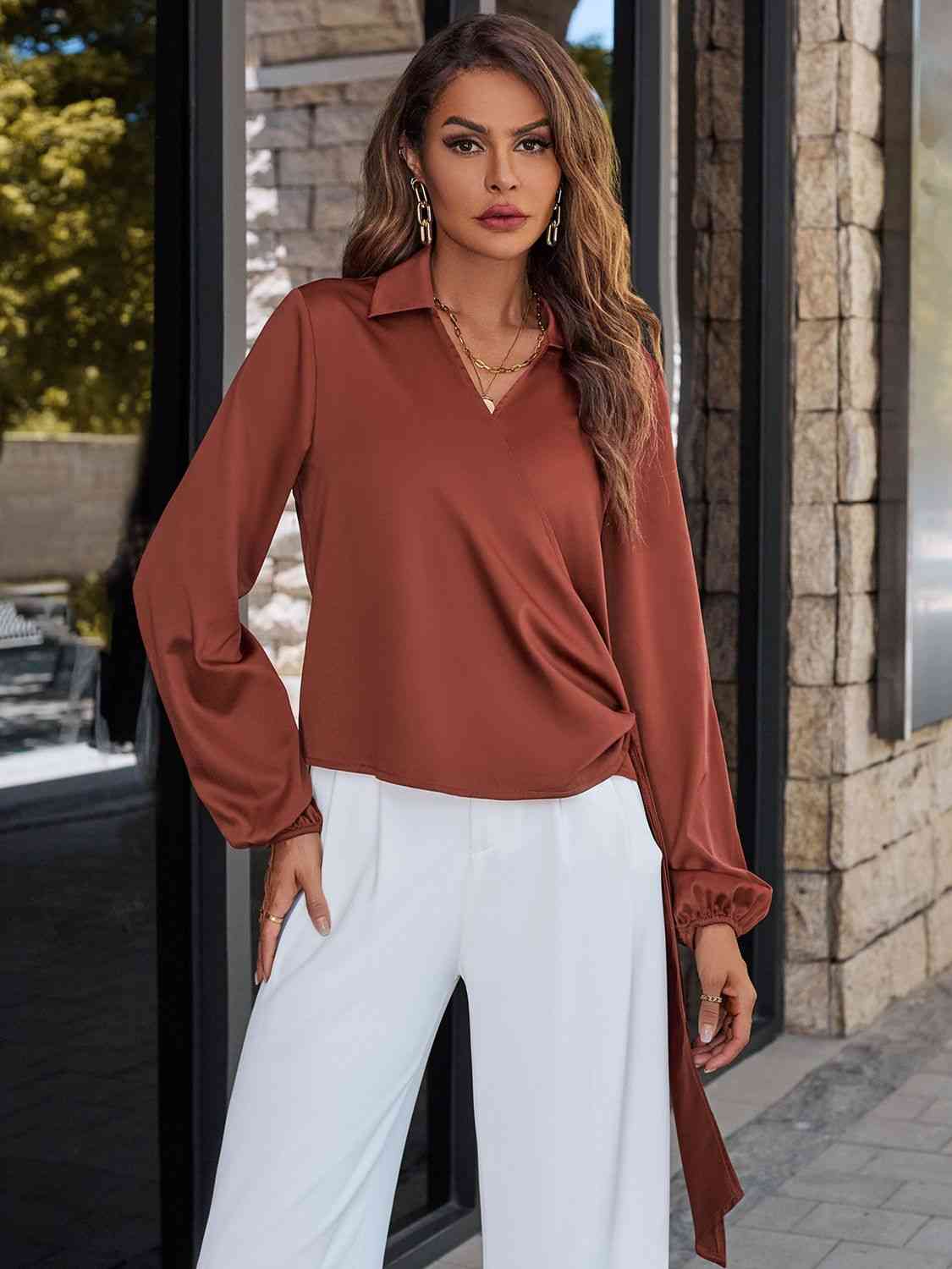 Surplice Neck Long Sleeve Blouse