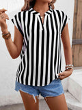 Striped Notched Neck Cap Sleeve Blouse