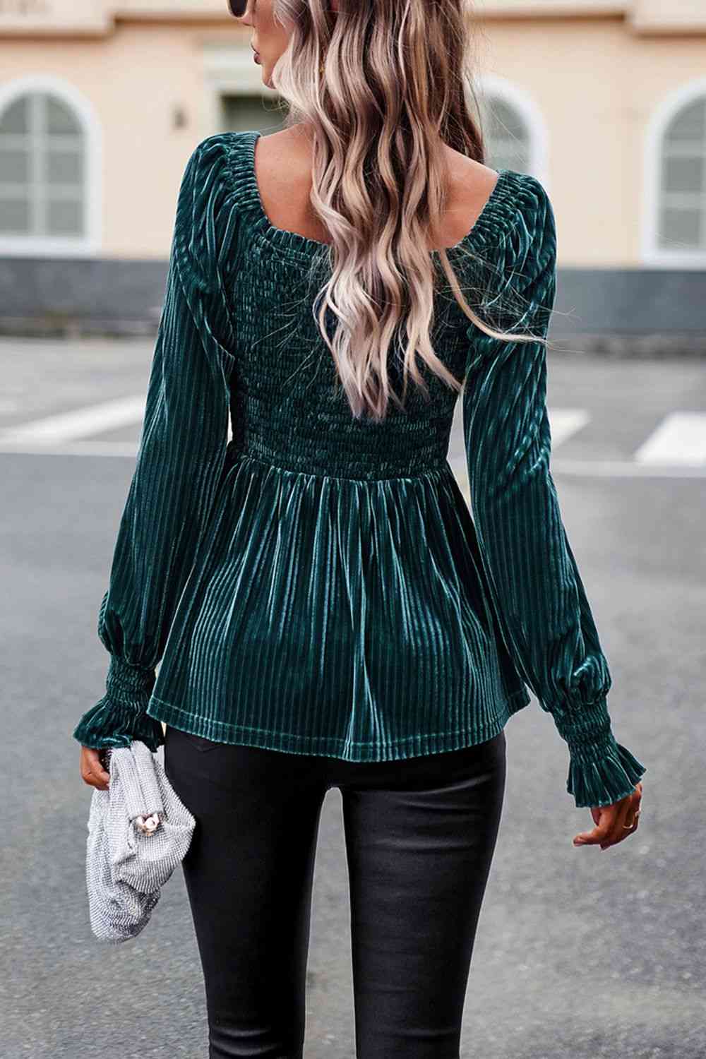 Smocked Square Neck Long Sleeve Blouse