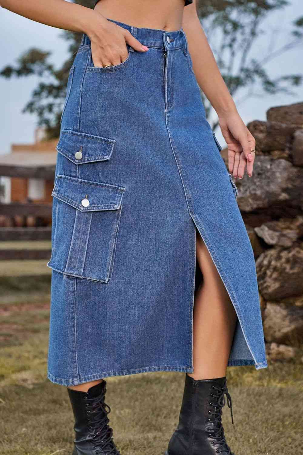 Slit Front Midi Denim Skirt with Pockets