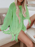 Double Take Openwork Tassel Hem Long Sleeve Knit Cover Up