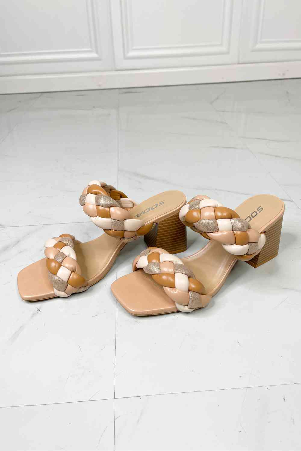 SODA Interwoven Ideas Braided Strap Block Heel Slide Sandal in Nude