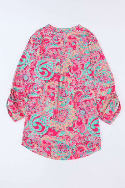 Plus Size Printed Notched Long Sleeve Blouse