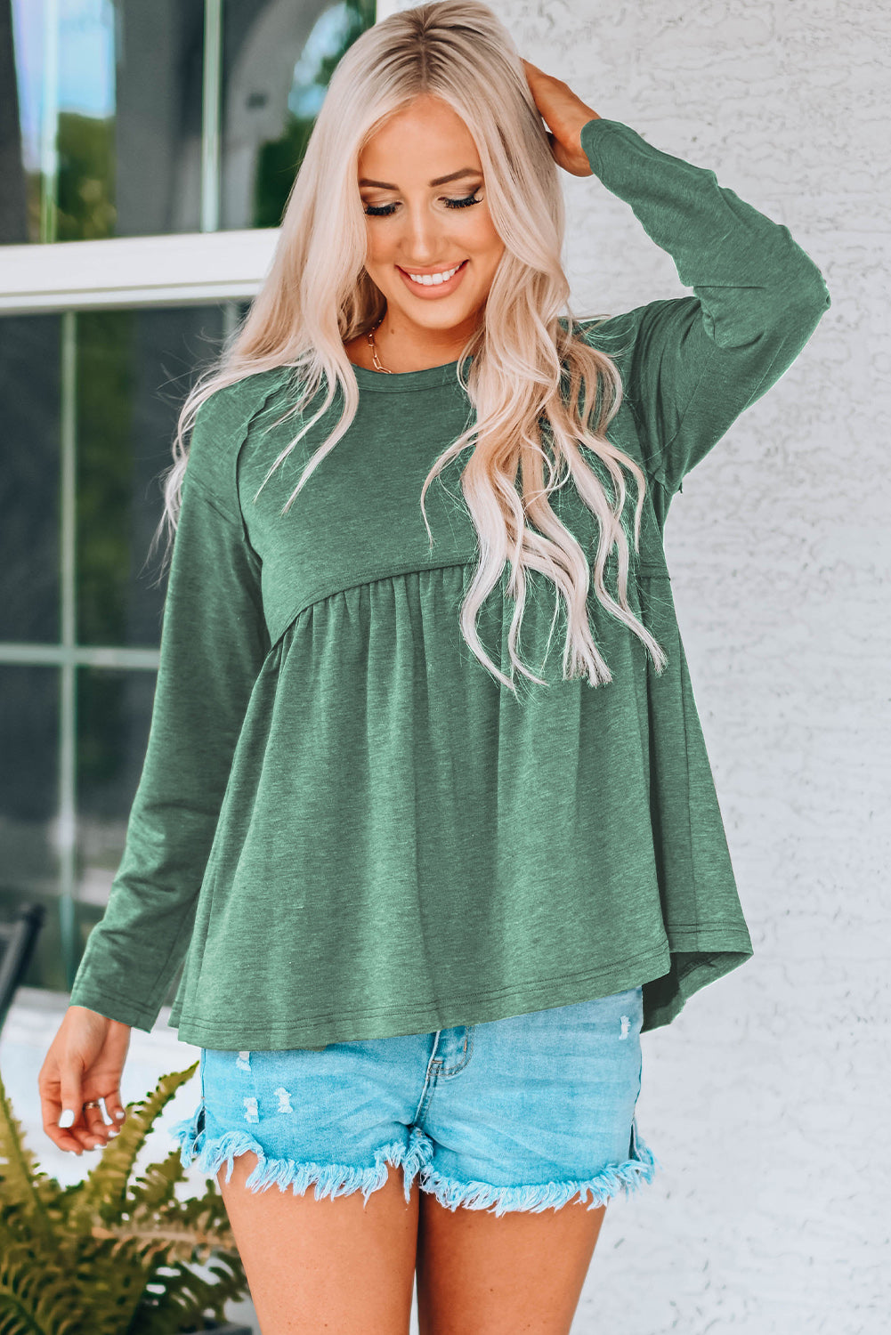 Round Neck Raglan Sleeve Babydoll Top