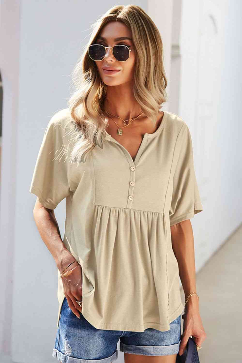 Double Take Buttoned Notched Neck Short Sleeve Top