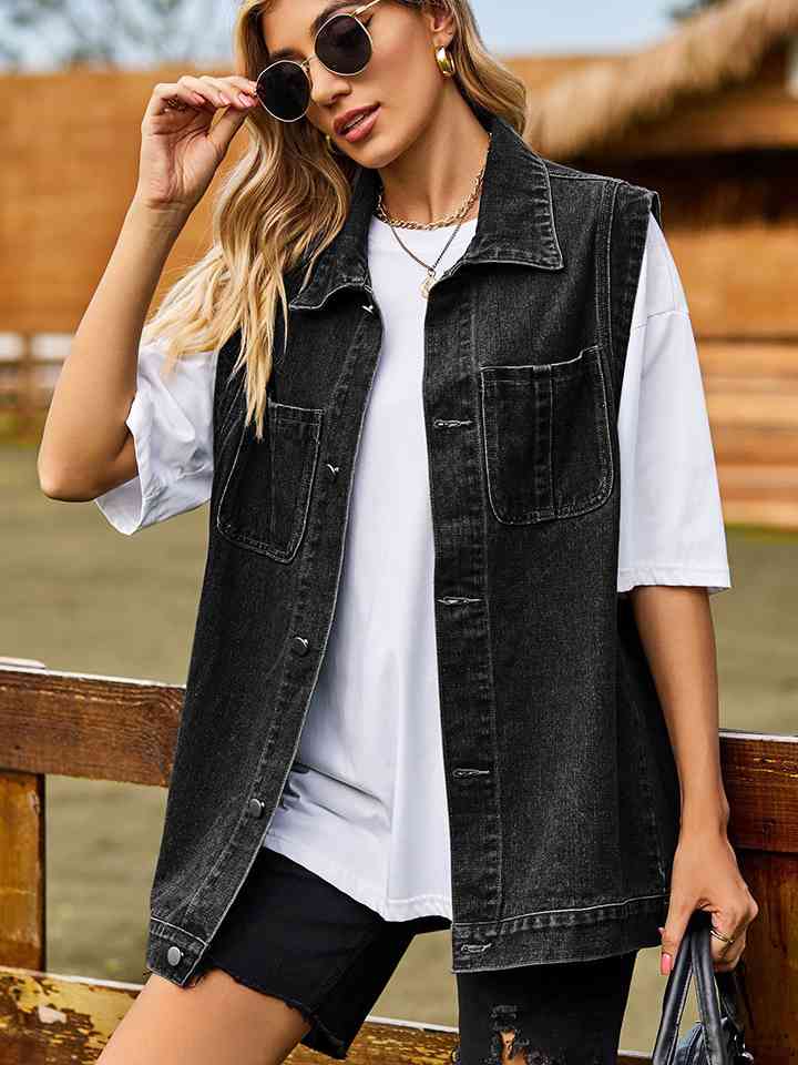 Button Up Sleeveless Denim Jacket