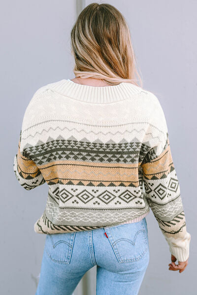 Geometric V-Neck Dropped Shoulder Sweater