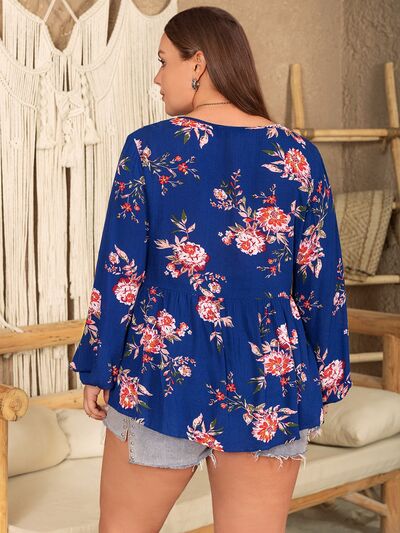 Plus Size Printed Tie Neck Balloon Sleeve Blouse