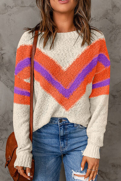 Contrast Round Neck Dropped Shoulder Sweater