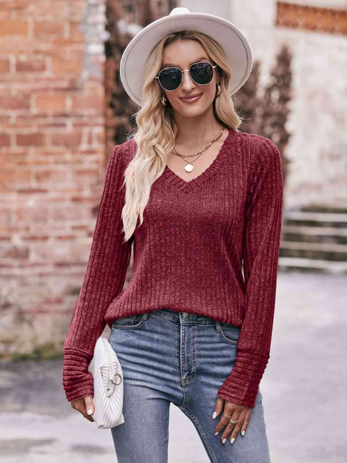 Double Take V-Neck Long Sleeve Ribbed Top