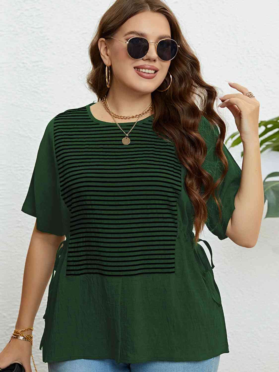 Plus Size Striped Drawstring Slit Top