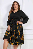 Melo Apparel Plus Size Floral Print Tie Belt V-Neck Balloon Sleeve Midi Dress