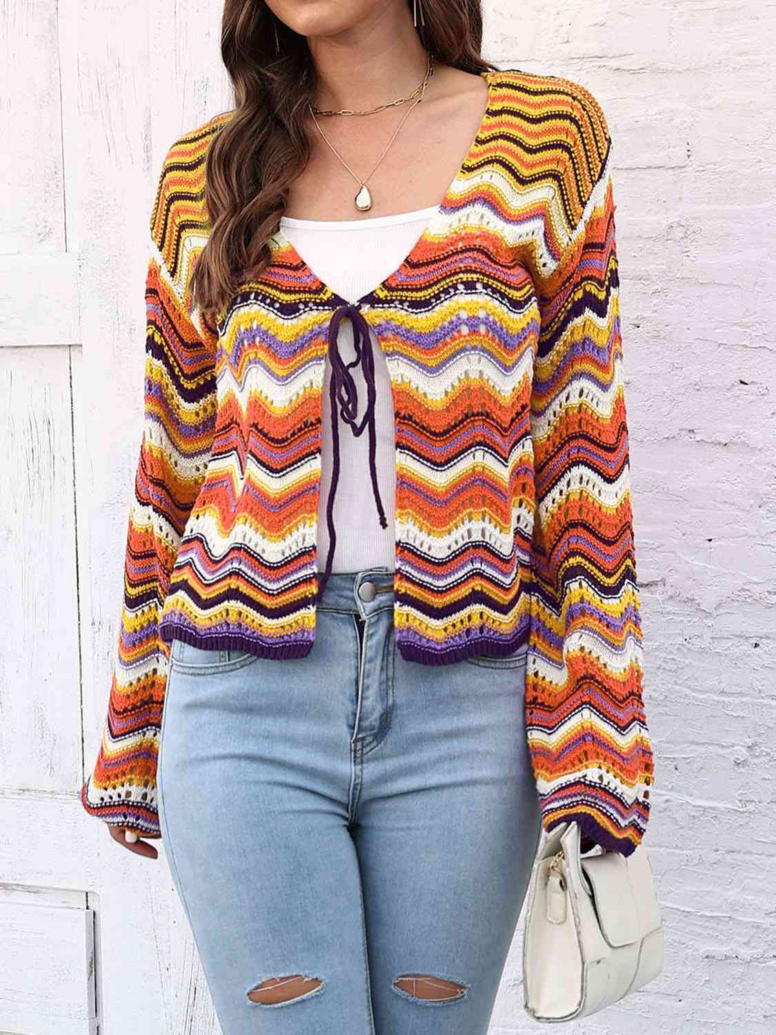 Striped Openwork Tied Cardigan