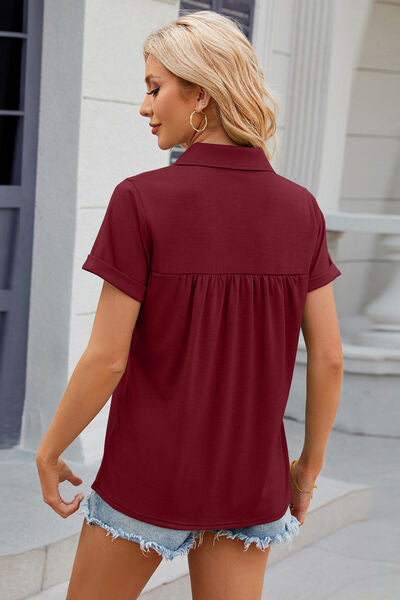 Ruched Johnny Collar Short Sleeve Blouse