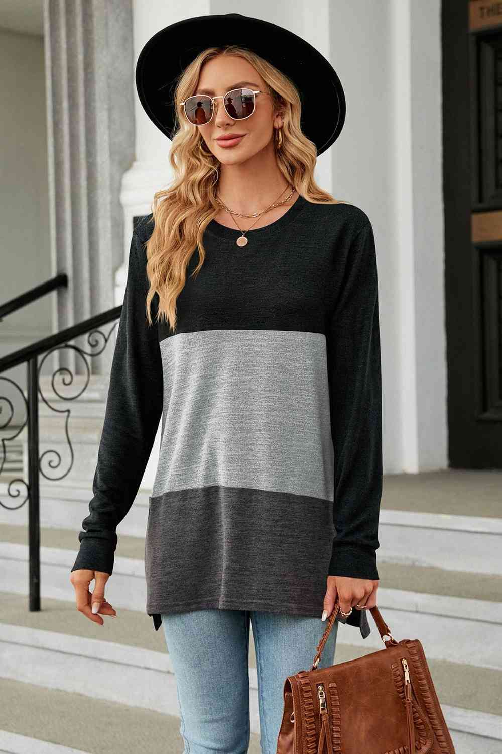 Color Block Round Neck Long Sleeve Slit T-Shirt