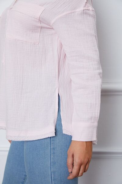 Texture Half Button Raw Hem Top