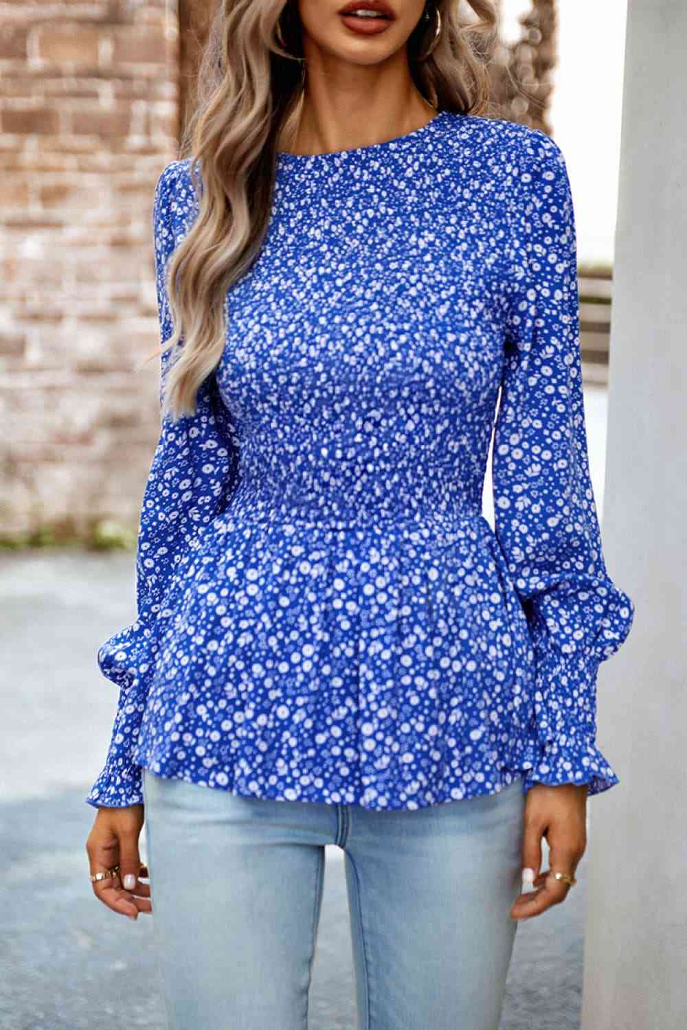 Round Neck Flounce Sleeve Peplum Top