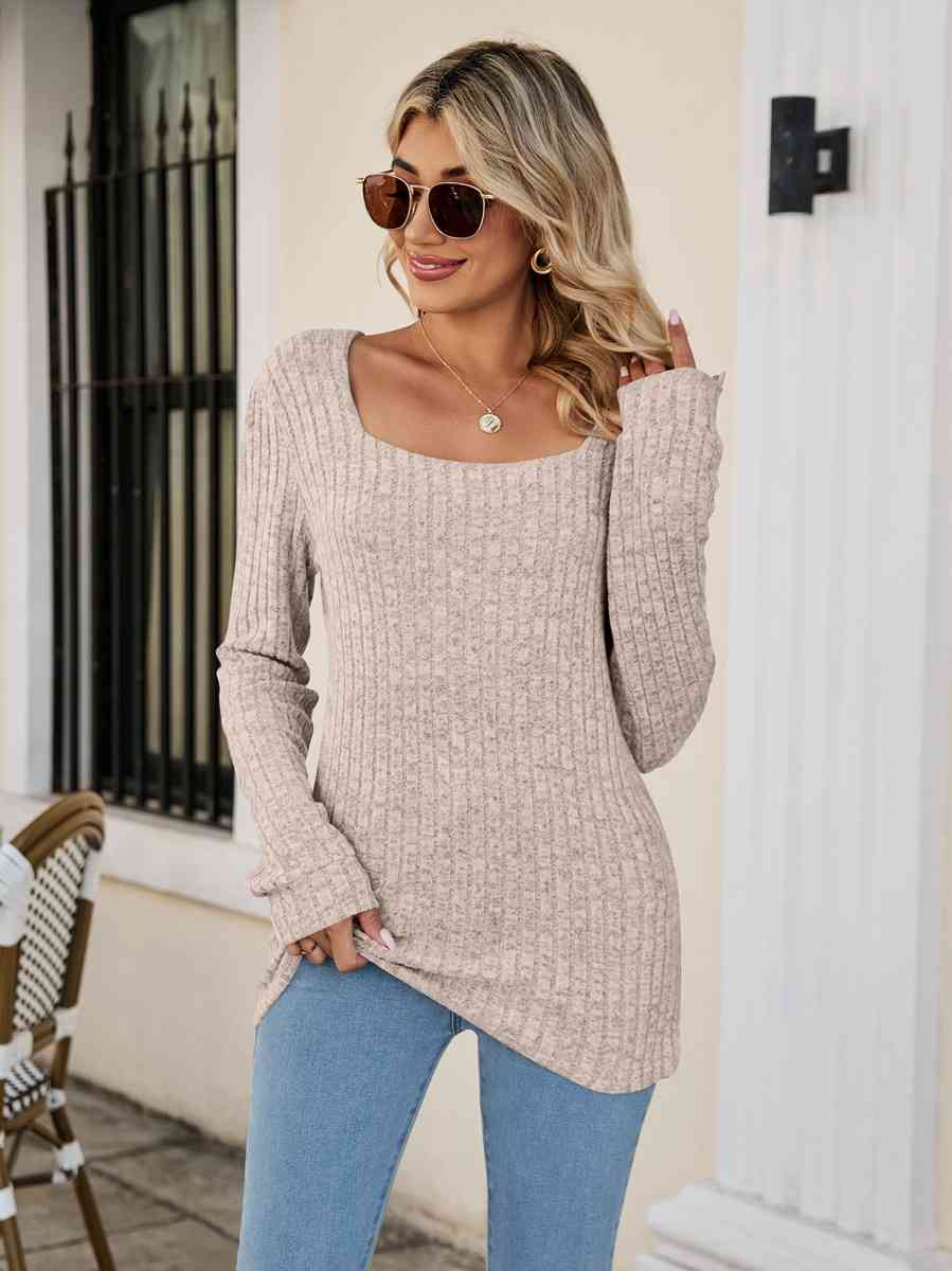 Square Neck Ribbed Long Sleeve T-Shirt